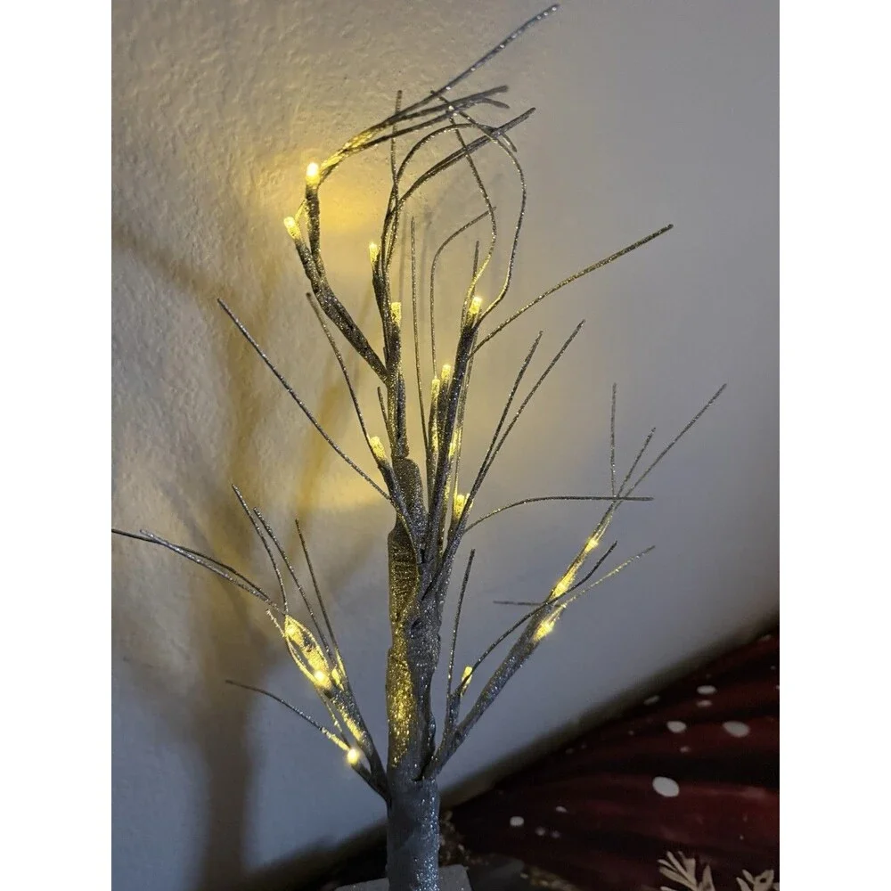 Lighted Birch Christmas Tree Decor Glittered LED Lamp Battery Operated Grey